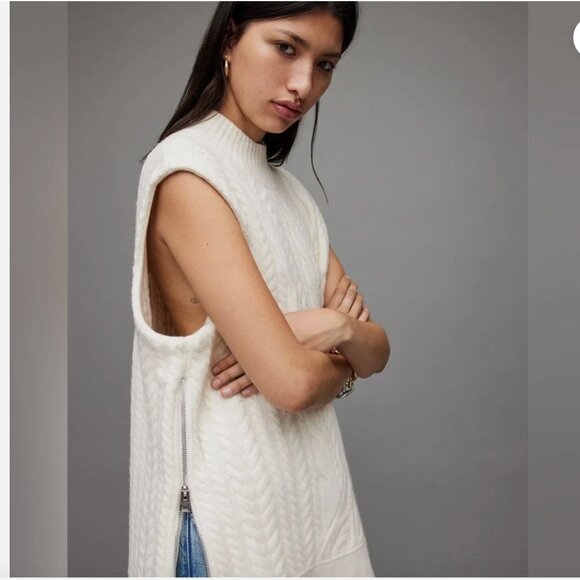 AllSaints Arvid Wool Blend Cable Knit Vest Sweater Tank Chalk White NEW Size M